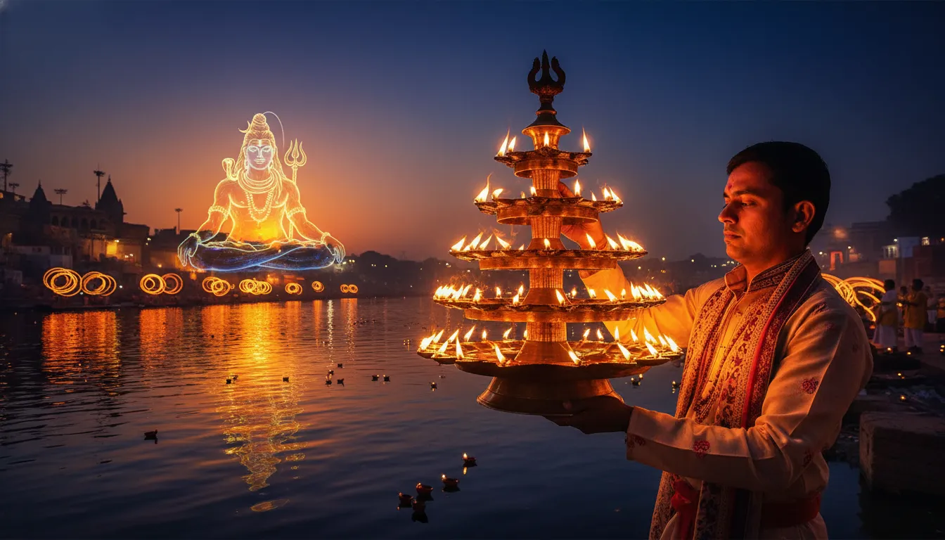 Varanasi Ganga Aarti photo edit with Lord Shiva silhouette reflecting in water
