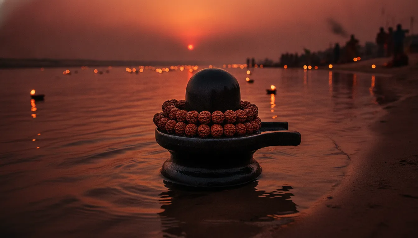 A sacred Shivling with Rudraksha beads against a deep crimson and maroon sunset reflection background of the Ganges river