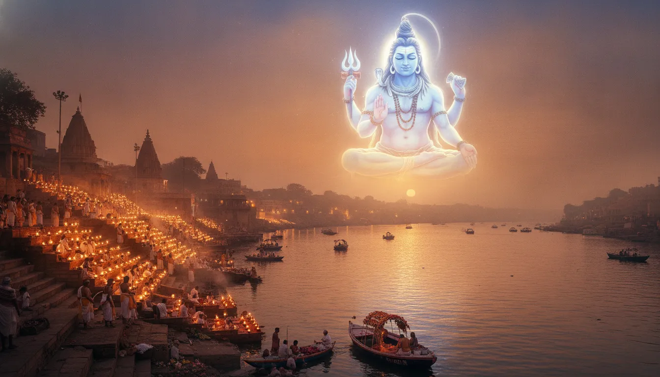 Beautiful evening view of Varanasi Ghat with Ganga Aarti and a giant Lord Shiva shadow.
