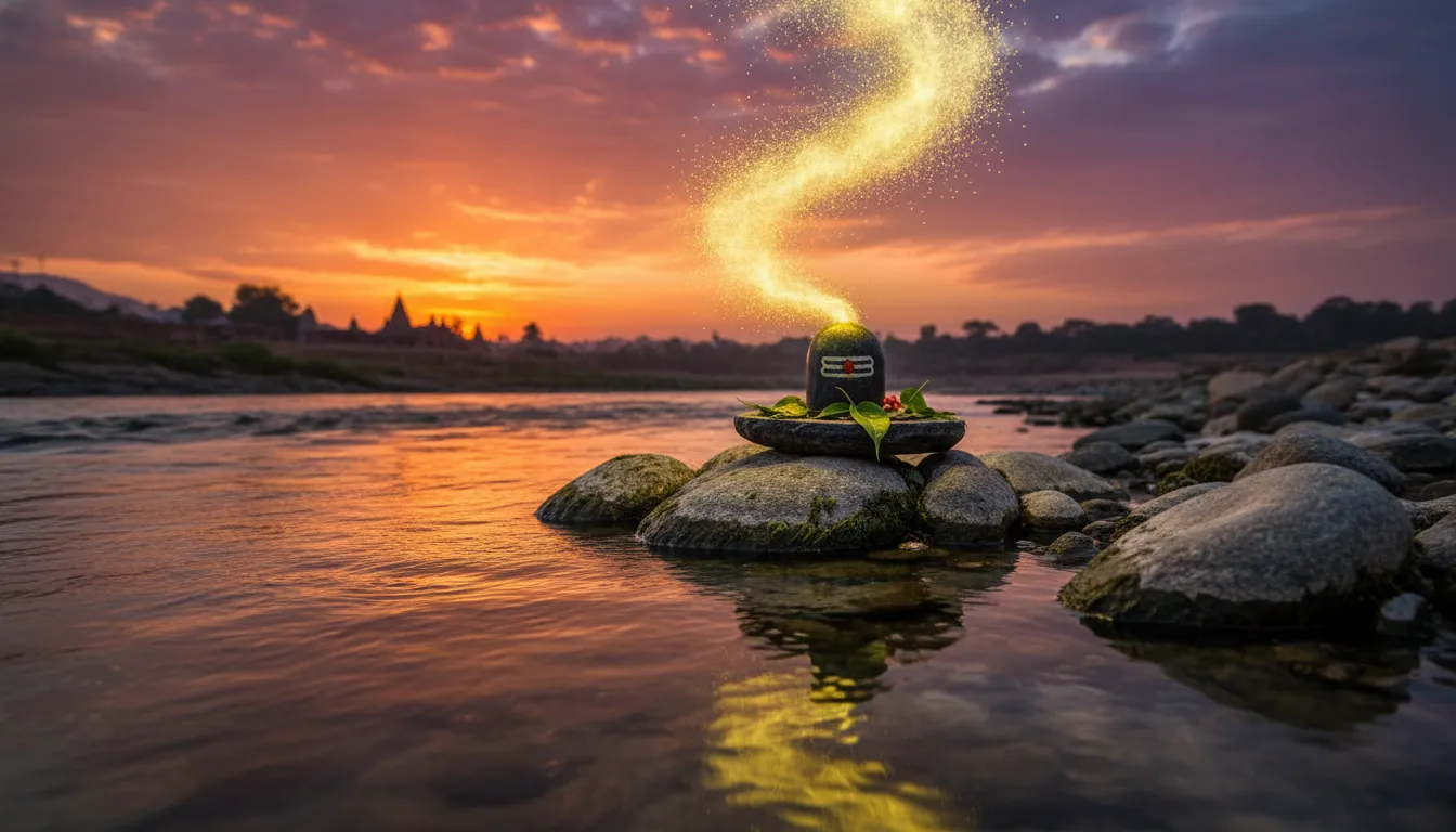 Lord Shivling HD image on Ganga riverbank with animated golden gulaal mist.