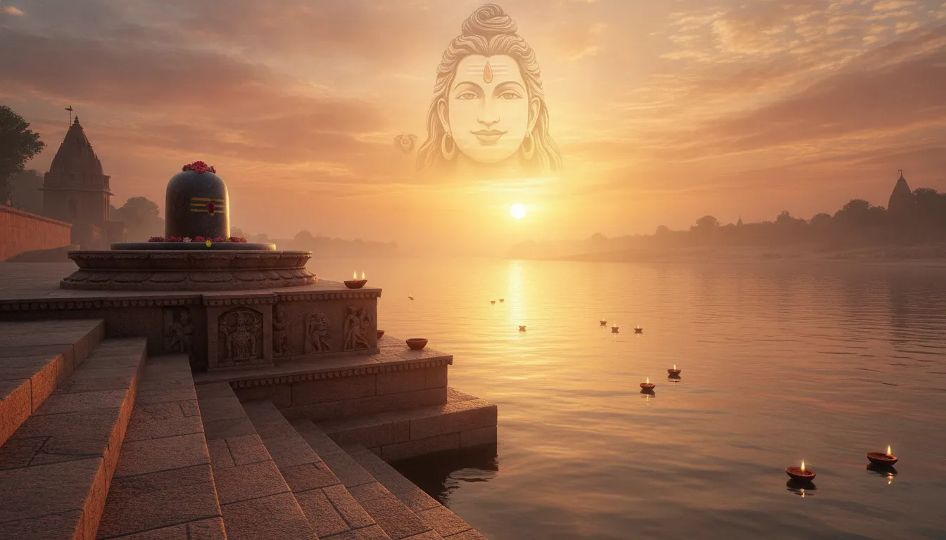 A beautiful stone Shivling on a riverbank ghat during a golden sunset with a peaceful silhouette of Lord Shiva in the sky.