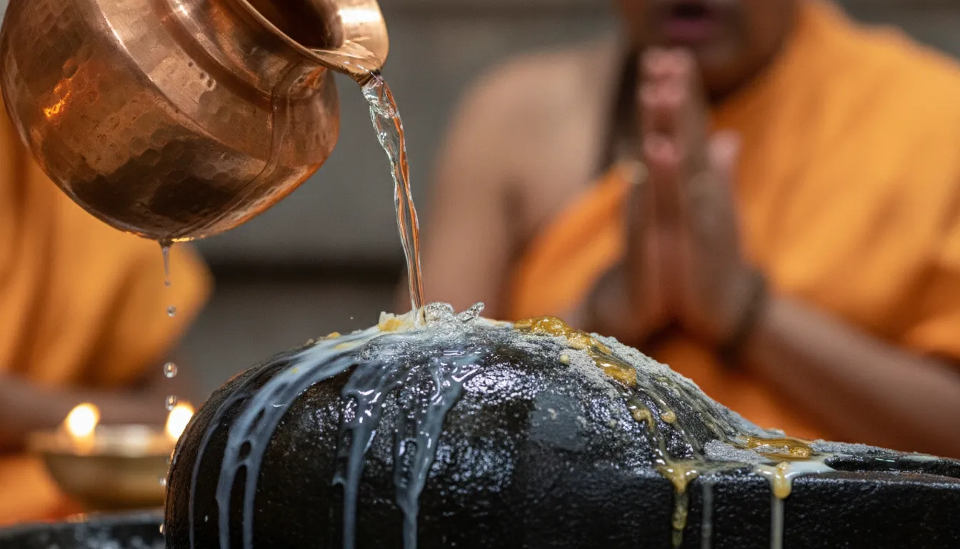 Close-up HD image of holy Ganges water being poured over the Kashi Vishwanath Shivling from a copper vessel.
