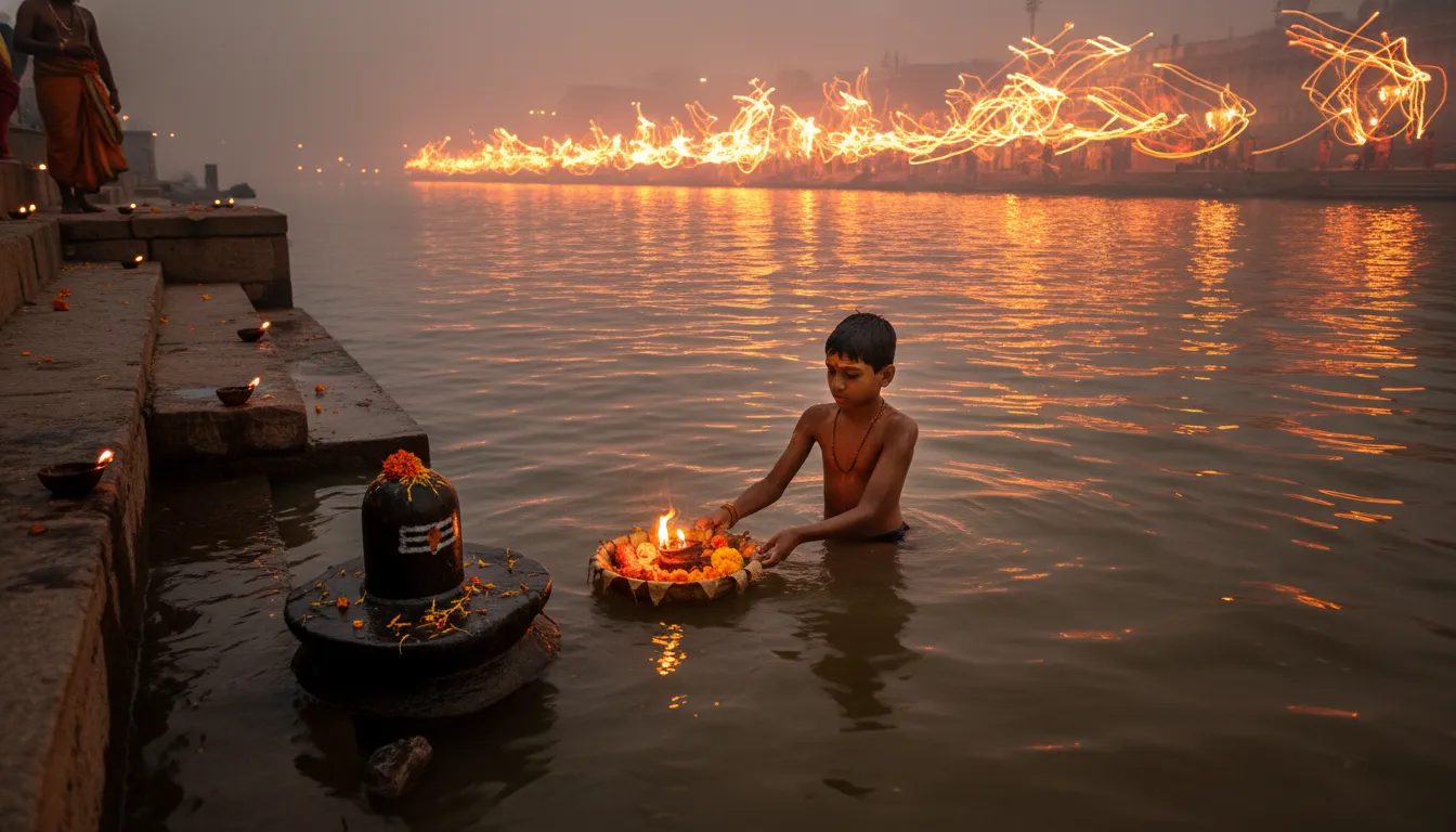A cultural image of shivling in water with a person holding a traditional brass prayer lamp.