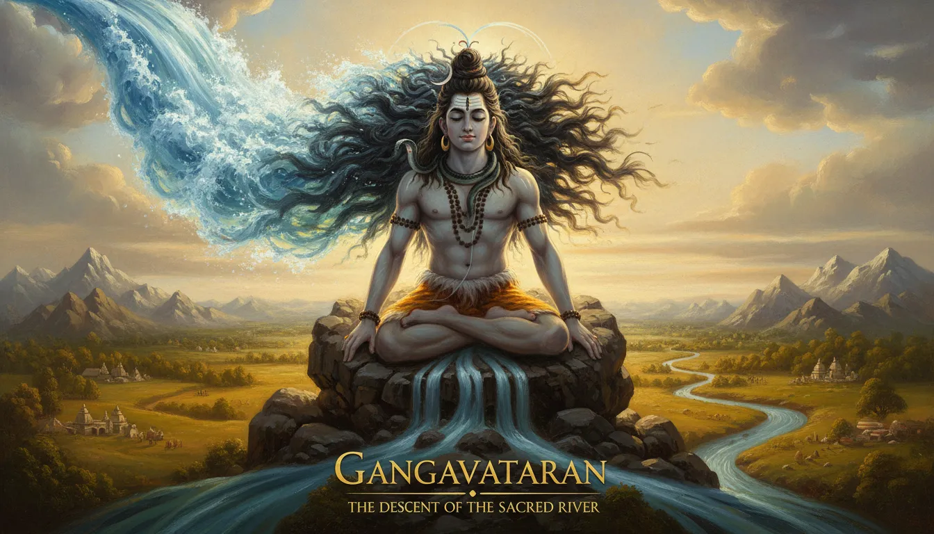 Historical concept Har har mahadev cover photo depicting the descent of River Ganga from Shiva's hair.