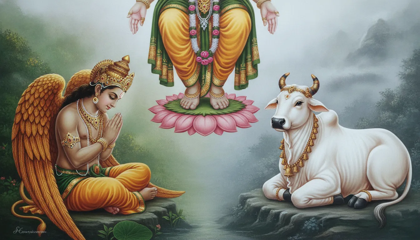 An artistic representation of the mythical eagle Garuda and the sacred bull Nandi sitting together at the feet of Harihara.