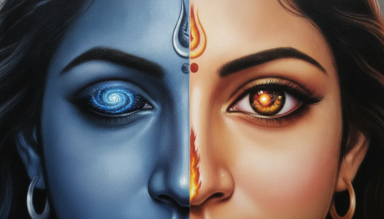 Eyes of split Shiva and Parvati looking forward with galaxies reflected in their pupils