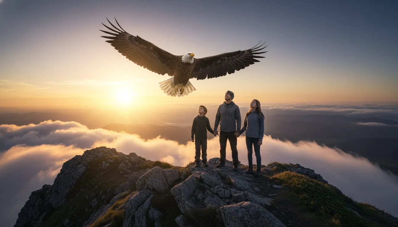 Family looking toward the horizon with a soaring majestic eagle above