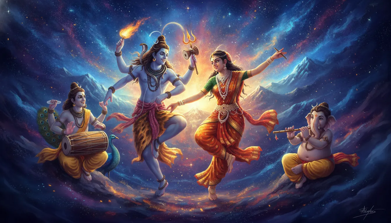 A cheerful painting of the Lord Shiva family celebrating a traditional festival with glowing oil lamps and flower garlands.