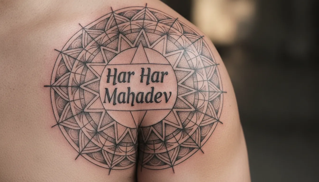 Geometric mandala style Har Har Mahadev tattoo photo on shoulder.