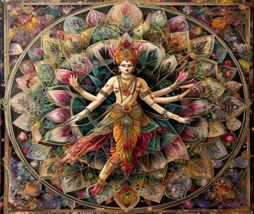 A symmetrical geometric mandala art with Lord Nataraja positioned perfectly at the center of intricate circular patterns.