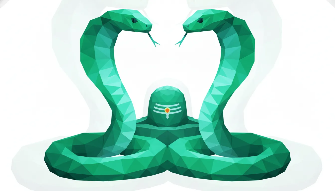 Low-poly geometric style dual snake with shivling vector image constructed from multi-colored triangles.