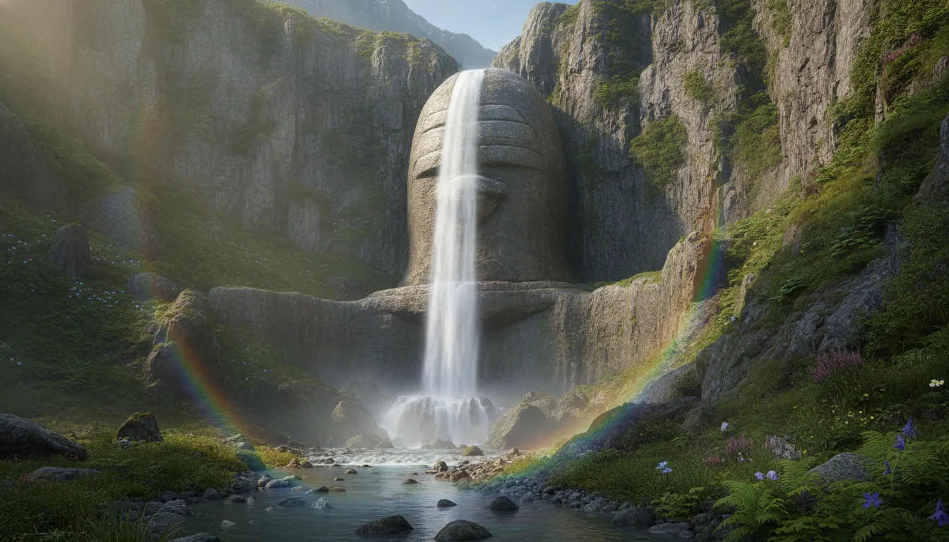 An amazing giant shivling shaped out of a mountain cliff with a natural waterfall flowing over it.