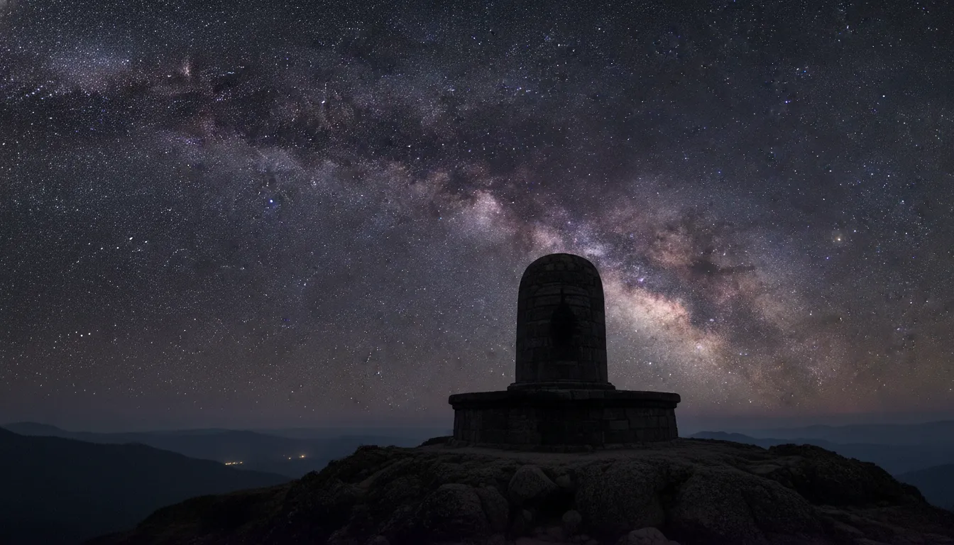 Massive stone shivling silhouette under a brilliant starry night sky and Milky Way galaxy.
