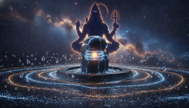 Glowing 3D cosmic Shivling surrounded by spiritual aura with the abstract silhouette of Lord Shiva.