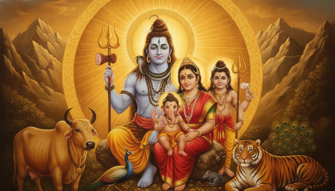 Spiritual golden aura illuminating the entire divine Shiva family