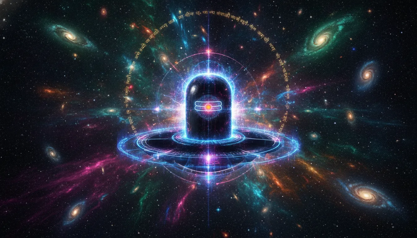 Glowing cosmic Shivling with galaxy background and neon lights