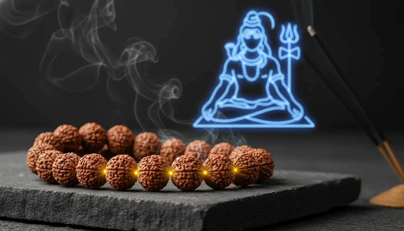 Close up of glowing holy Rudraksha beads with a silhouette of Mahadev