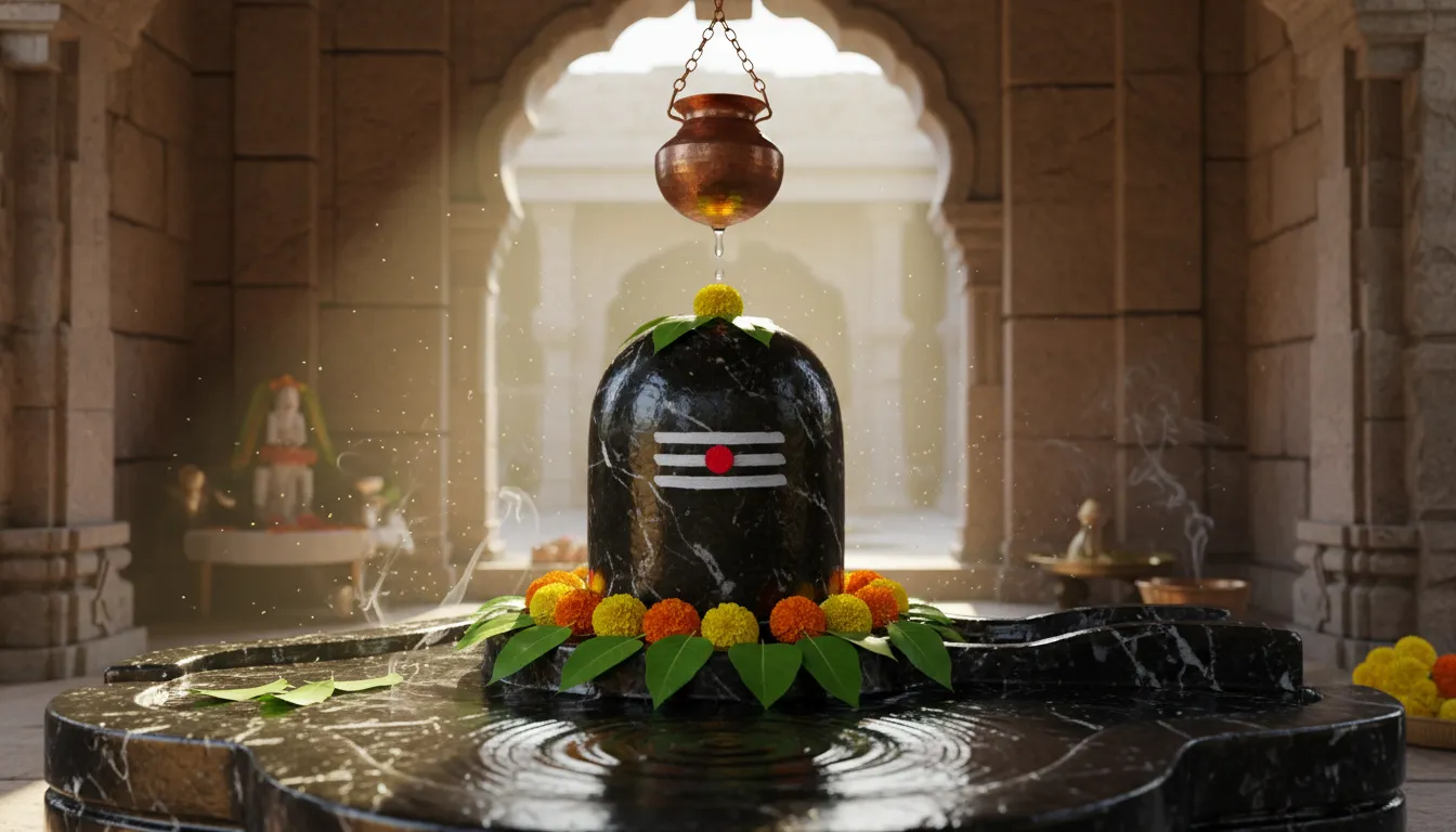 Mahadev hd wallpaper 3d featuring a dark stone Shiva Lingam adorned with fresh bilva leaves, glowing holy water, and radiant light beams.