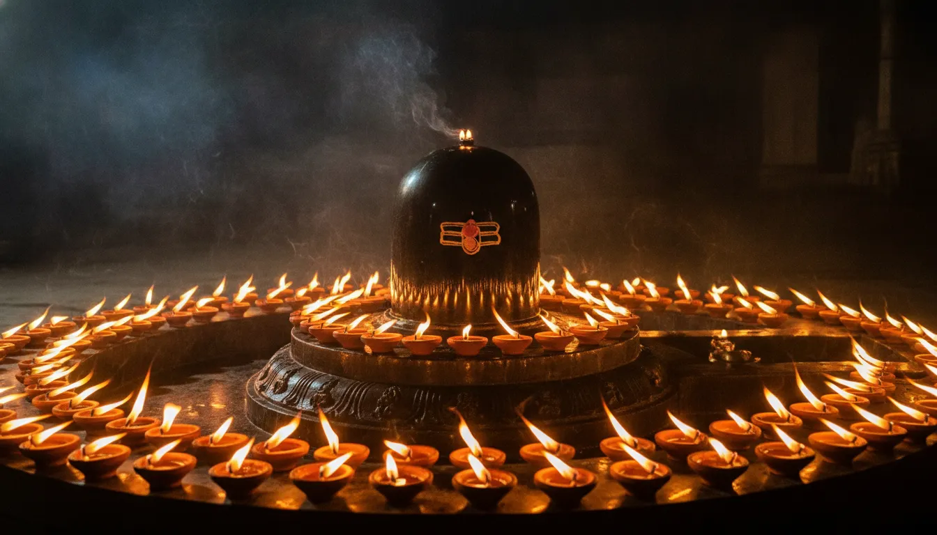 Full hd images of shivling surrounded by hundreds of lit earthen oil lamps during Maha Shivratri festival night.