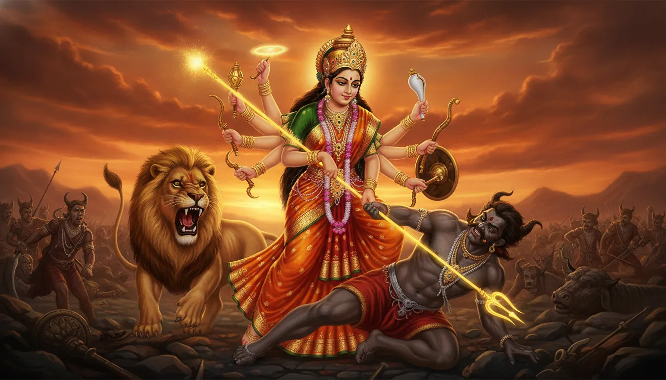 A vibrant digital artwork of Goddess Durga defeating the buffalo demon Mahishasura with her triden