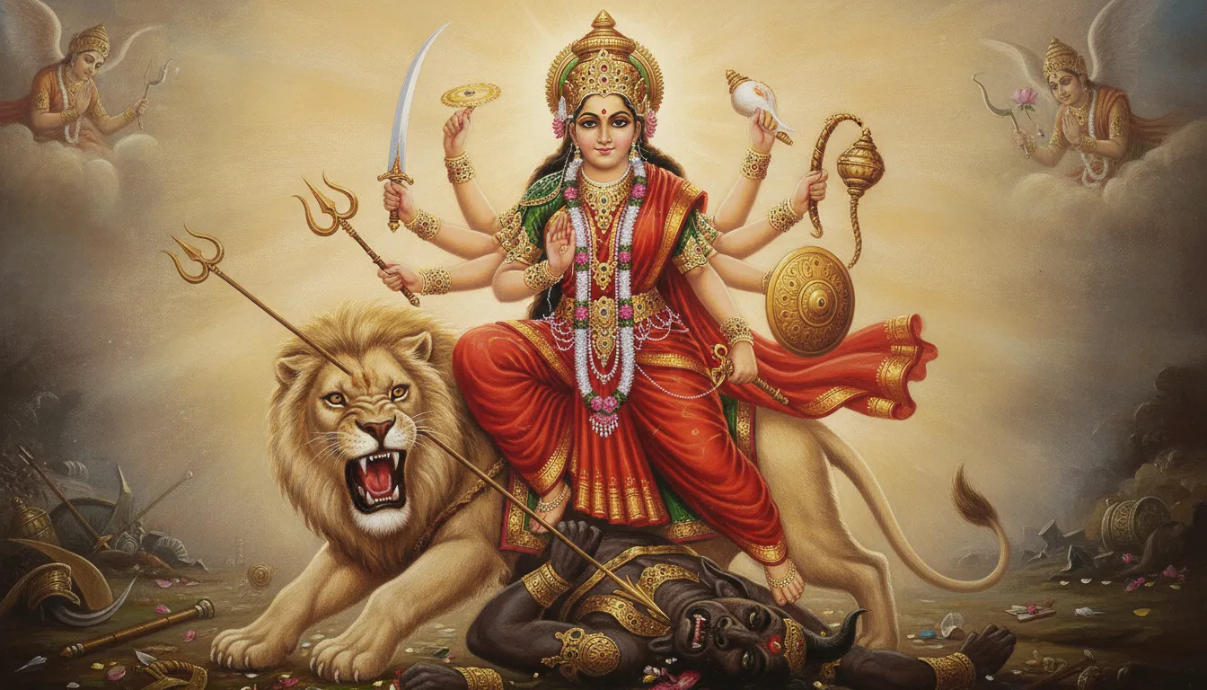Detailed traditional artwork of Goddess Durga riding a lion and defeating the demon Mahishasura with her divine weapons.