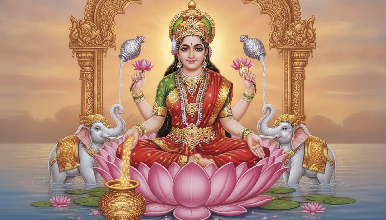 Ornate traditional artwork of Goddess Lakshmi seated on a pink lotus flower showering gold coins with divine light.