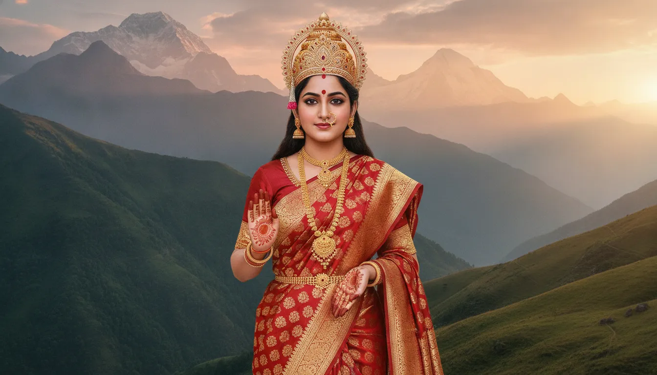 Devotional digital painting of Goddess Parvati dressed in traditional red and gold attire against a mountain backdrop.
