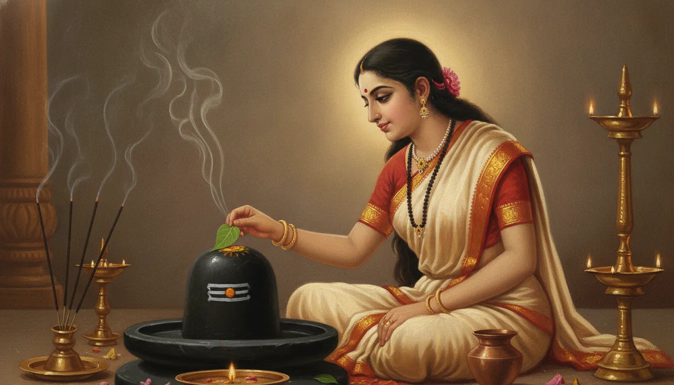 Goddess Parvati gently placing sacred trifoliate Bilva leaves on top of a black stone Shivling.
