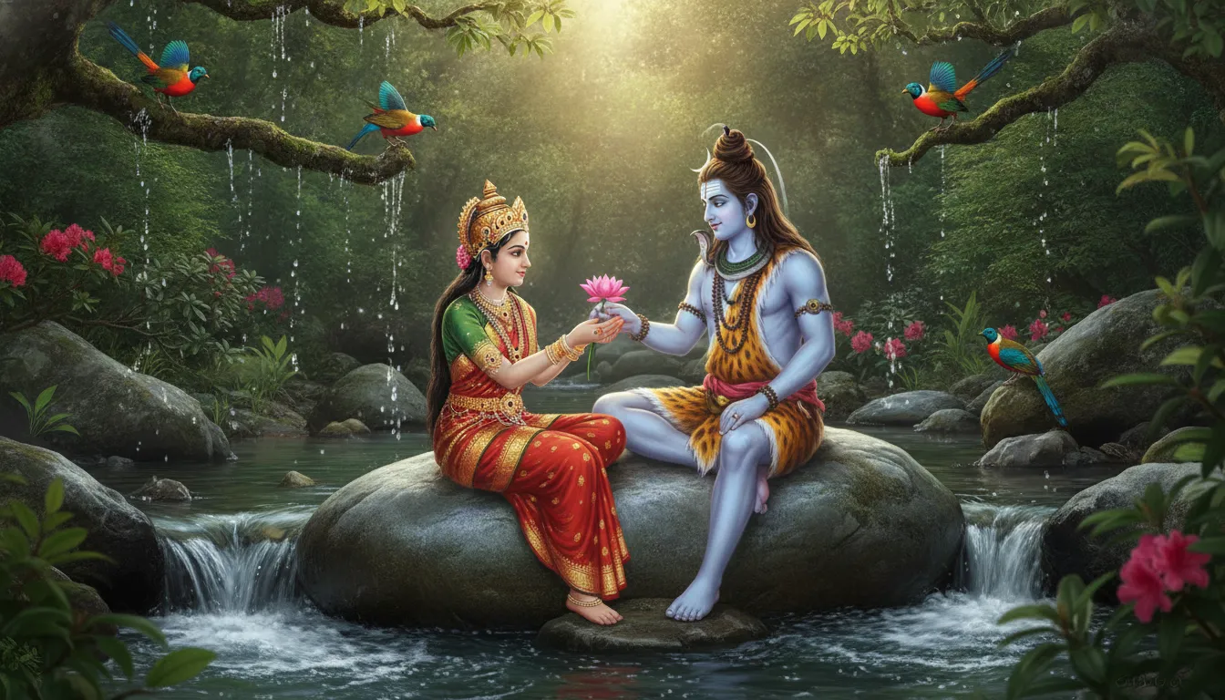 Goddess Parvati presenting a pink lotus flower to Lord Shiva near a scenic mountain waterfall.
