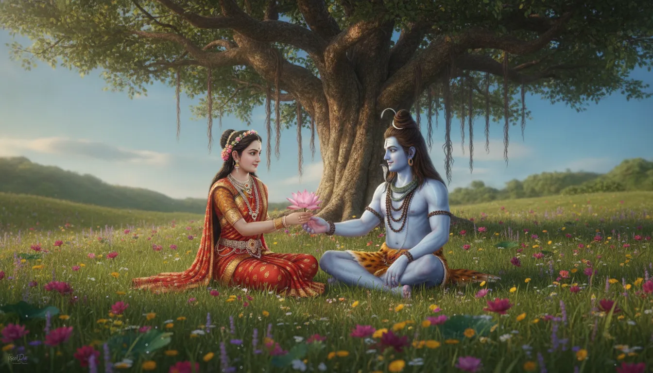 Parvati presenting a pink lotus flower to Shiva in a blooming meadow