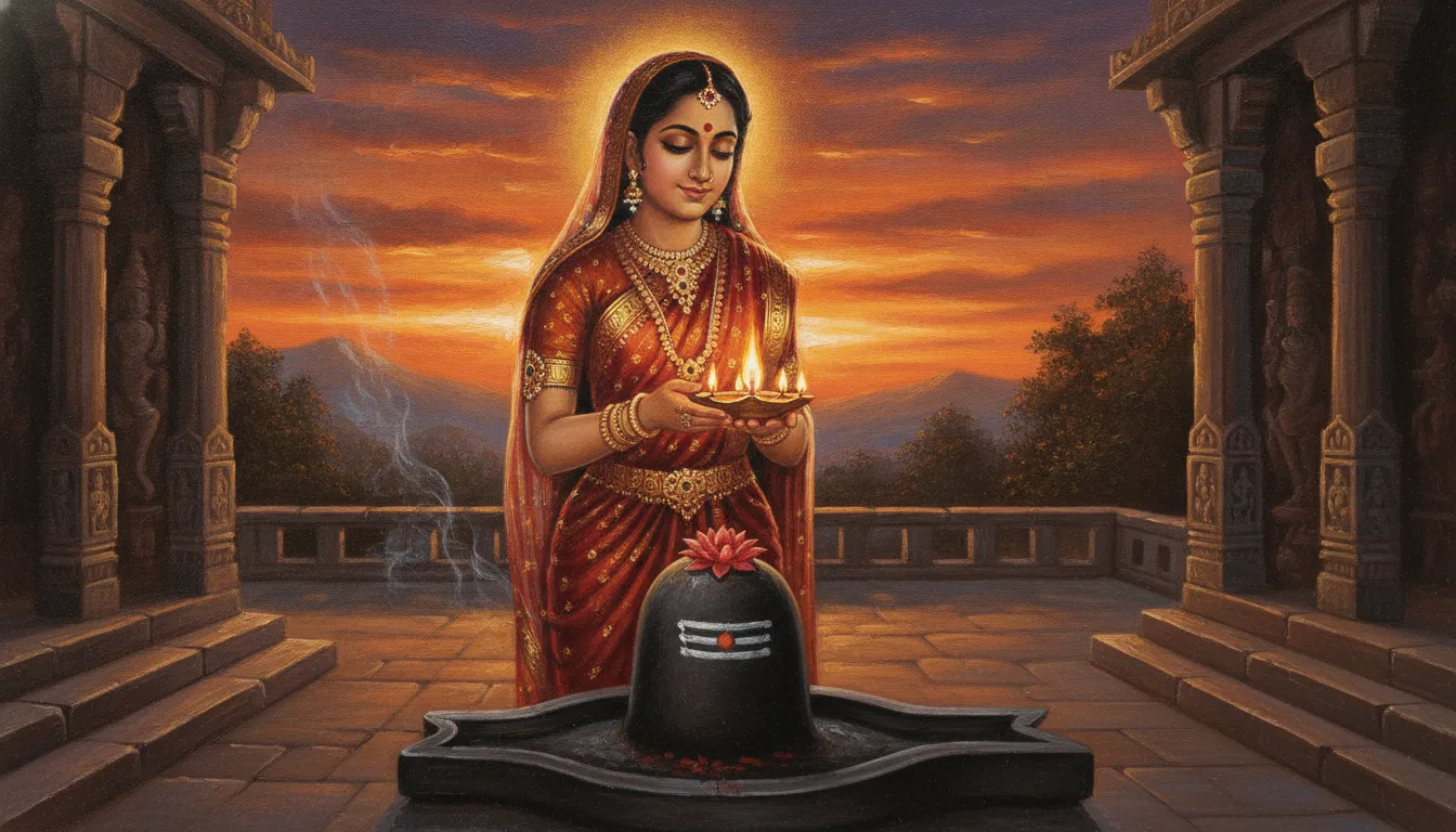 Spiritual image of Parvati worshipping Shivling with an oil lamp during the golden hour evening prayers.