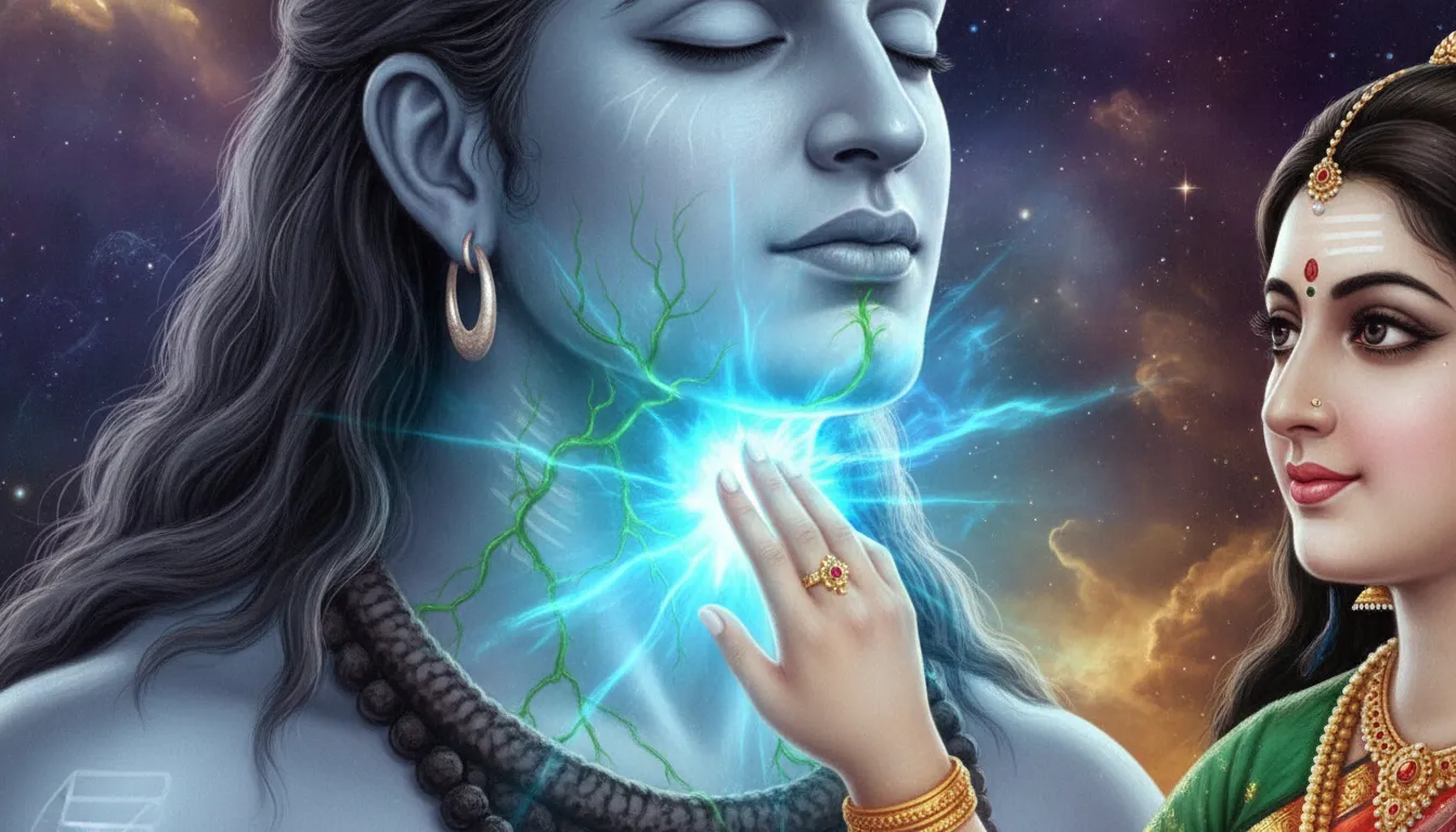 Goddess Parvati stopping the Halahala poison at Lord Shiva's throat, making it turn blue.