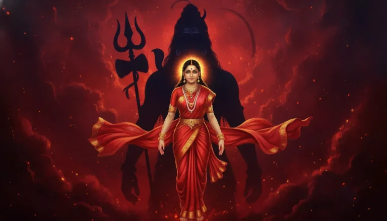 maa parvati red saree flowing with shiva shadow trishul dark red theme