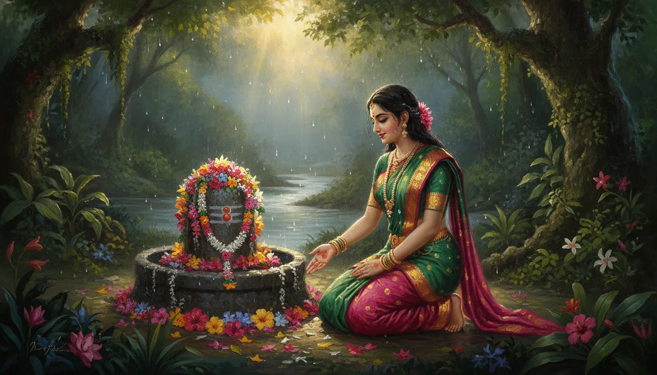 Artistic portrait of Goddess Parvati worshipping a stone Shivling amidst gentle rain showers in a blooming garden.
