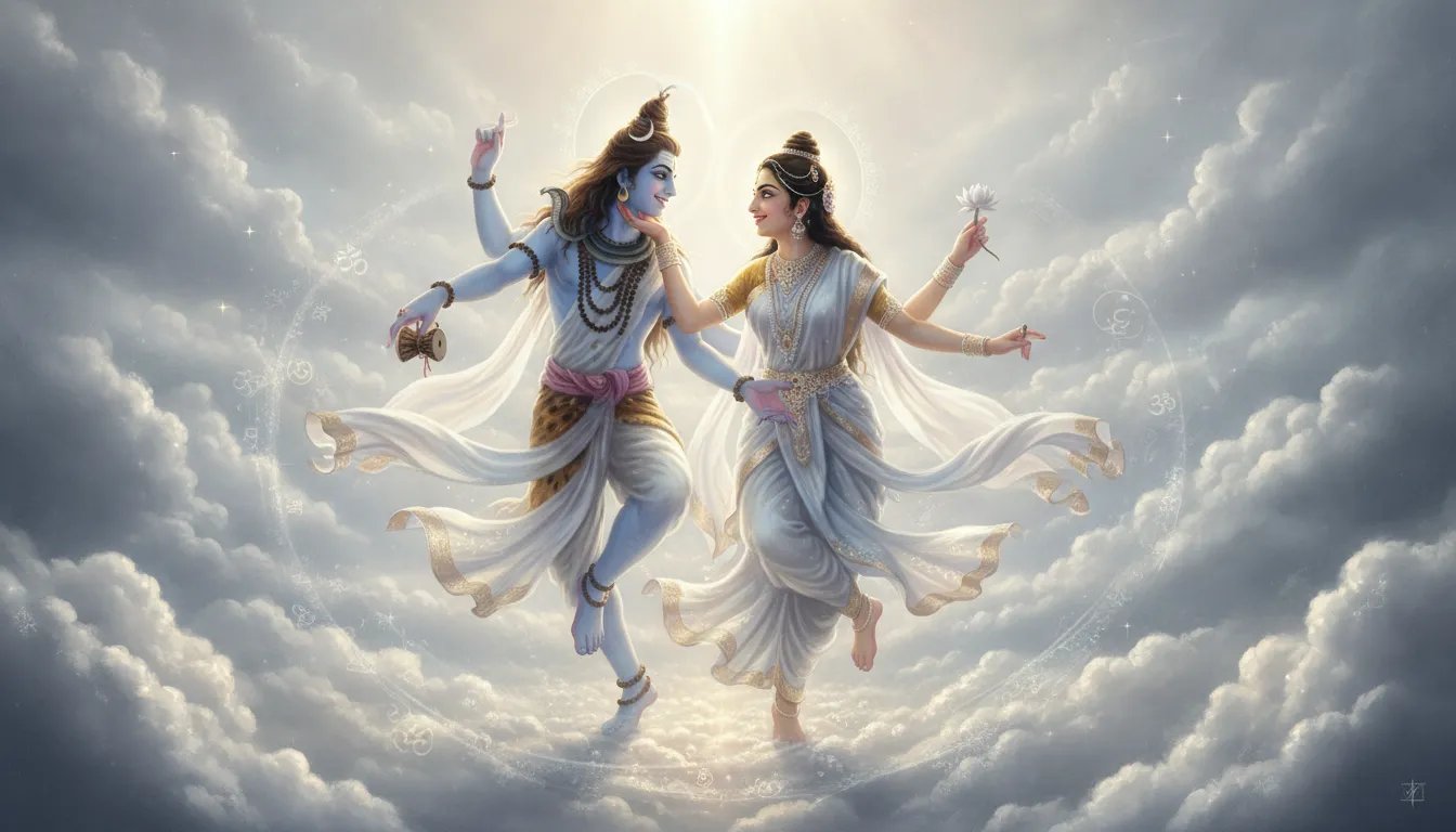 Shiva and Parvati smiling while dancing together in brightly lit clouds