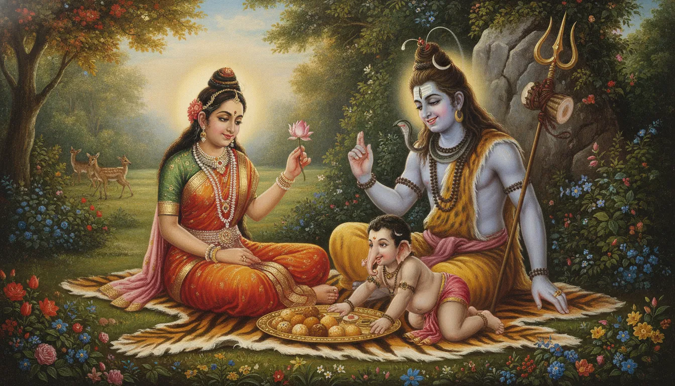 Lord Shiva and Goddess Parvati smiling while watching baby Ganesha play with a small modak sweet on the grass.