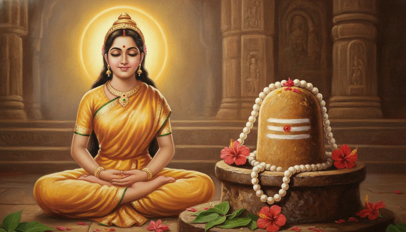 Serene close-up of Goddess Parvati sitting in full lotus position with eyes closed next to a decorated Shivling.