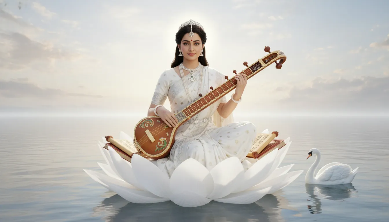Mythological actress photos as Goddess Saraswati holding Veena.