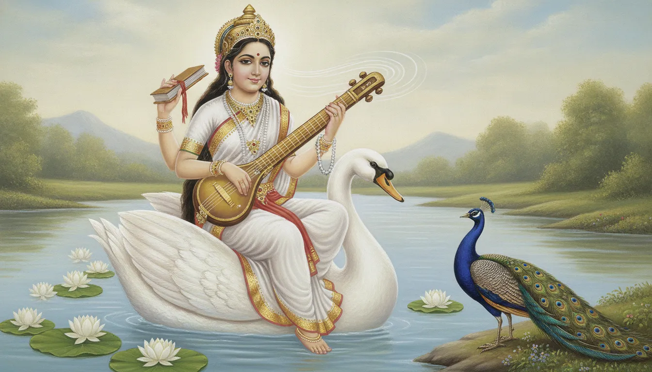Traditional elegant artwork of Goddess Saraswati seated on a white swan playing the veena instrument with scriptures nearby.