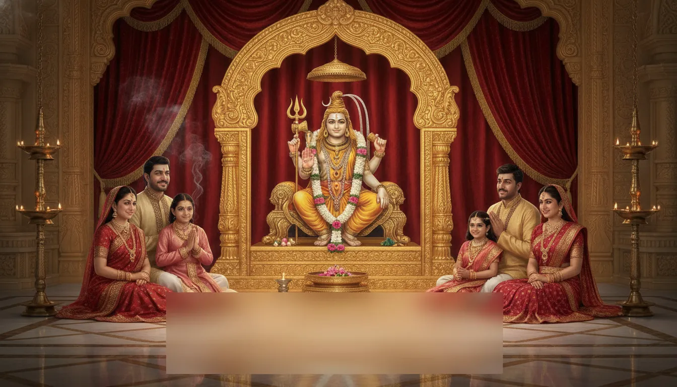 A royal devotional portrait of Shiva family inside a golden palace shrine with illuminated lamps and red drapery.