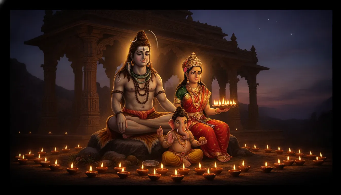 Shiva Parvati and Ganesha illuminated by the warm golden glow of evening lamps