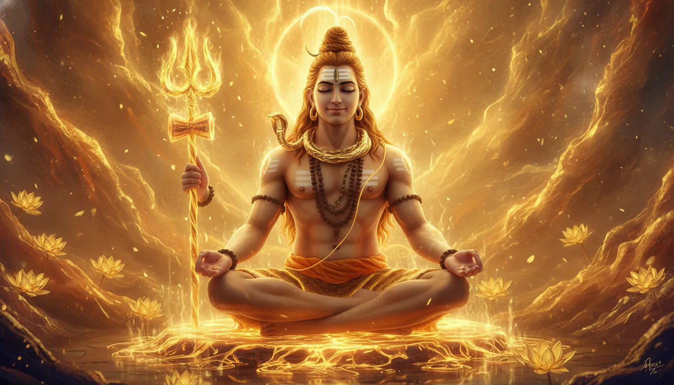 Lord Shiva engulfed in a golden spiritual aura meditating with a burning trident.