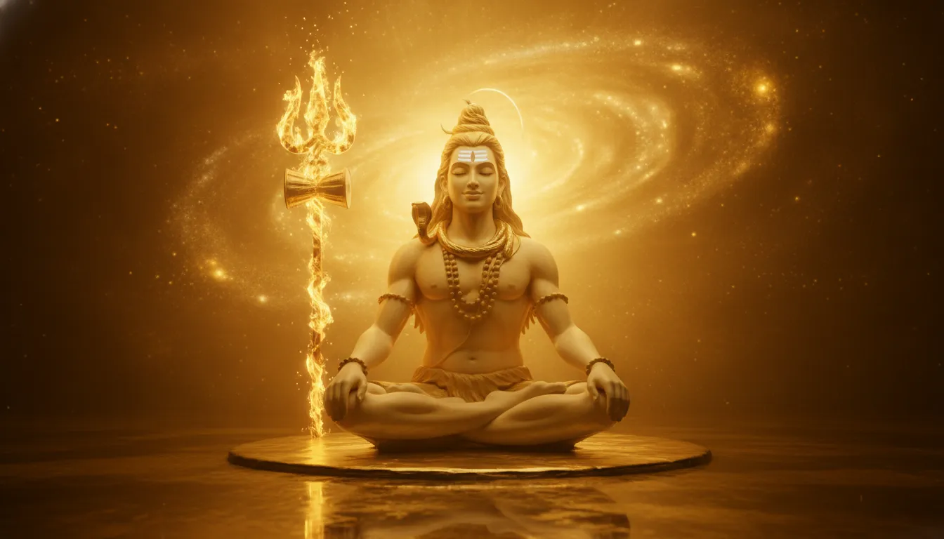 Lord Shiva engulfed in a golden spiritual aura meditating with a burning trident.