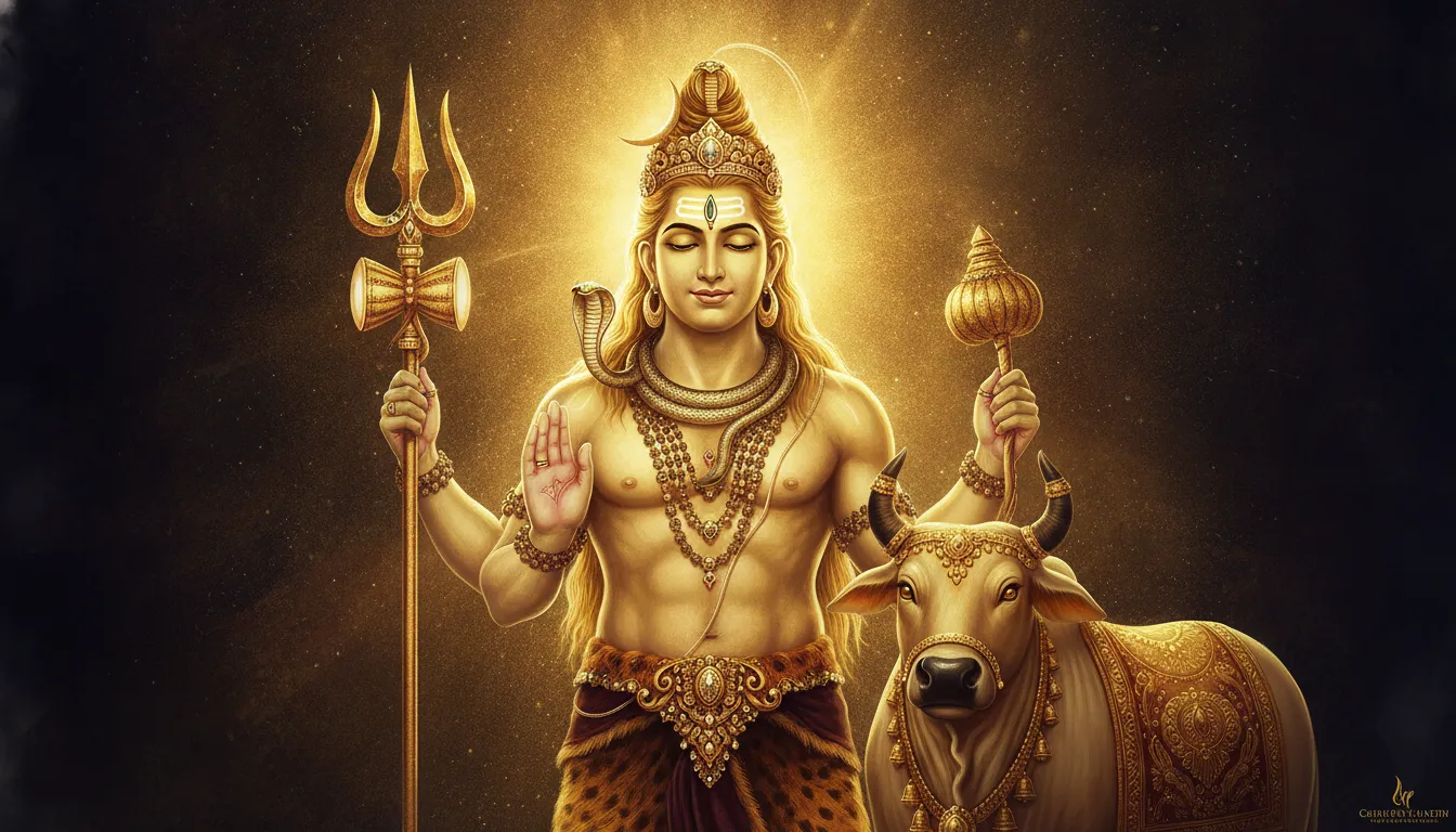 A luxurious digital illustration of Lord Shiva and Nandi glowing within a brilliant golden aura and metallic accents.