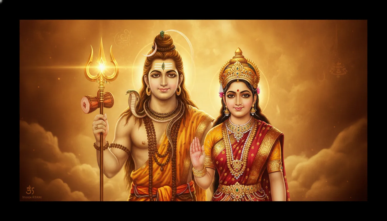Shiva and Parvati portrait surrounded by a warm golden aura with a highly detailed trident.