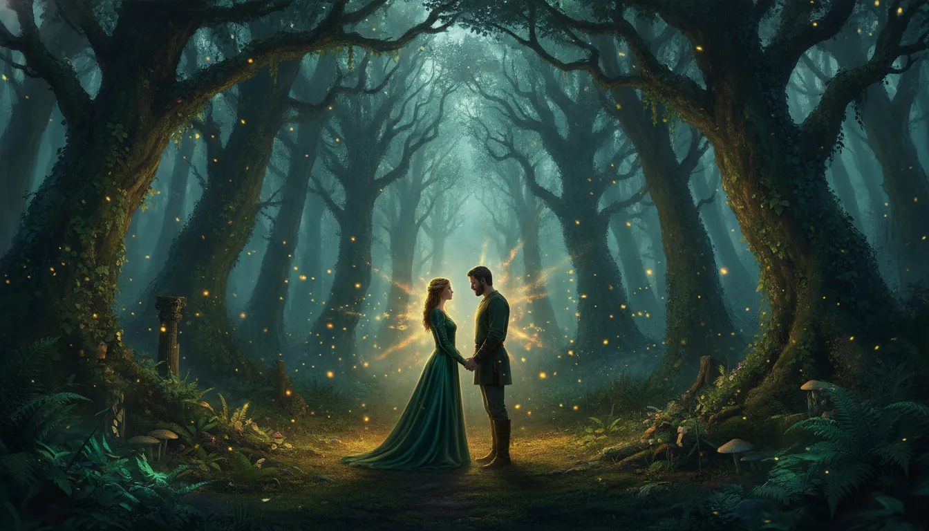 Divine couple surrounded by glowing fireflies and moonlight.