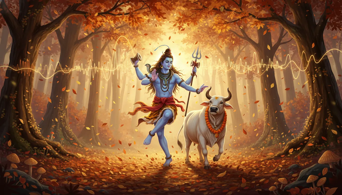 Lord Shiva playing the Damru and dancing in an autumn forest with Nandi among golden leaves.