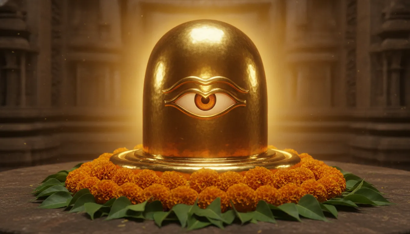 Sacred open eye images of shivling with bright golden light and aura.