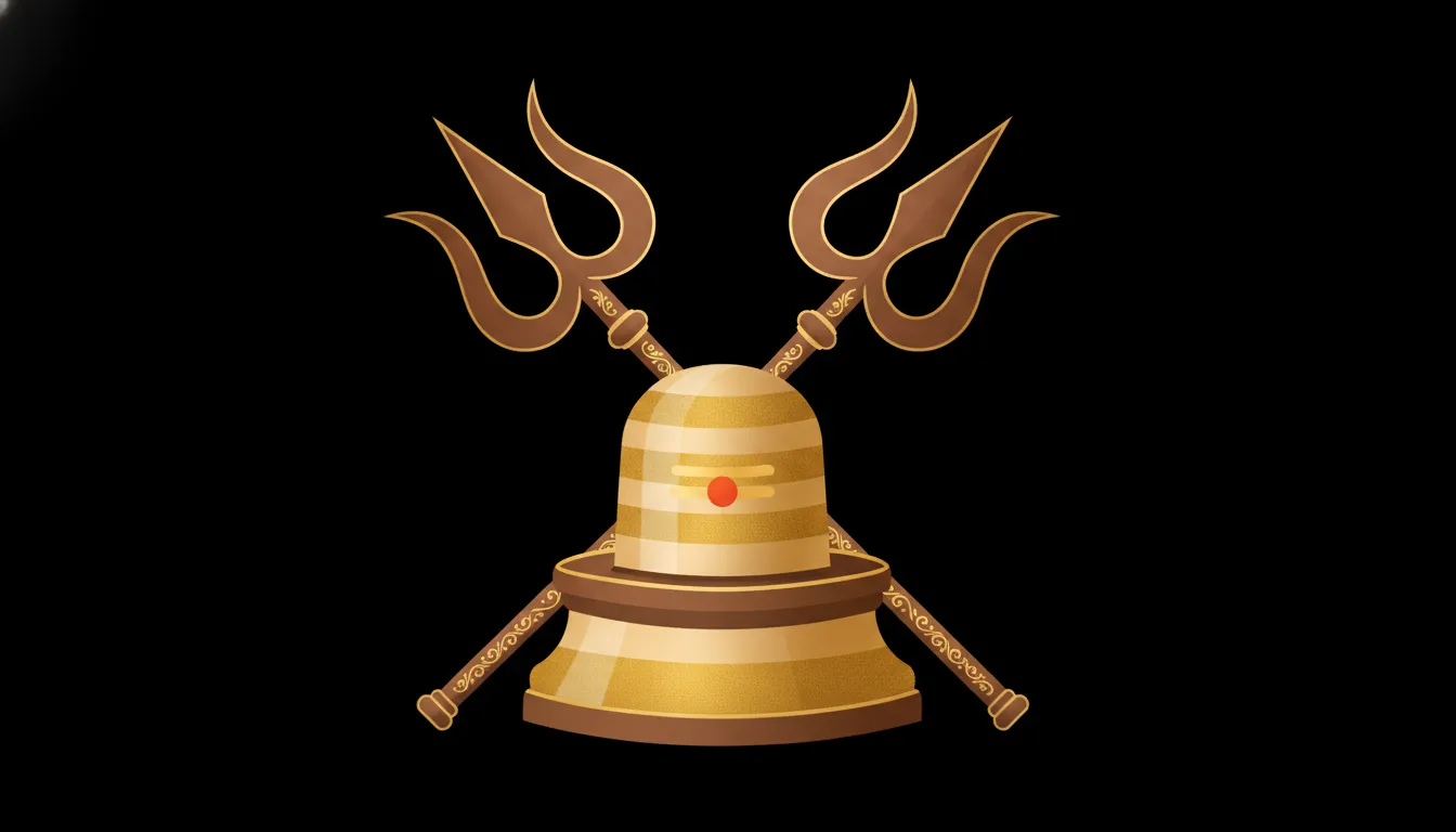 A luxury golden-themed flat 2D vector artwork of a sacred Shivling accompanied by a beautifully crossed Trishul on a premium dark backdrop.