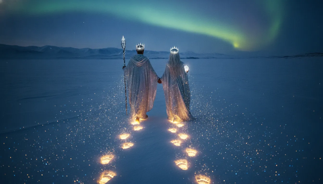 Cinematic shot of a divine couple leaving glowing golden footprints as they walk through a snowy landscape.